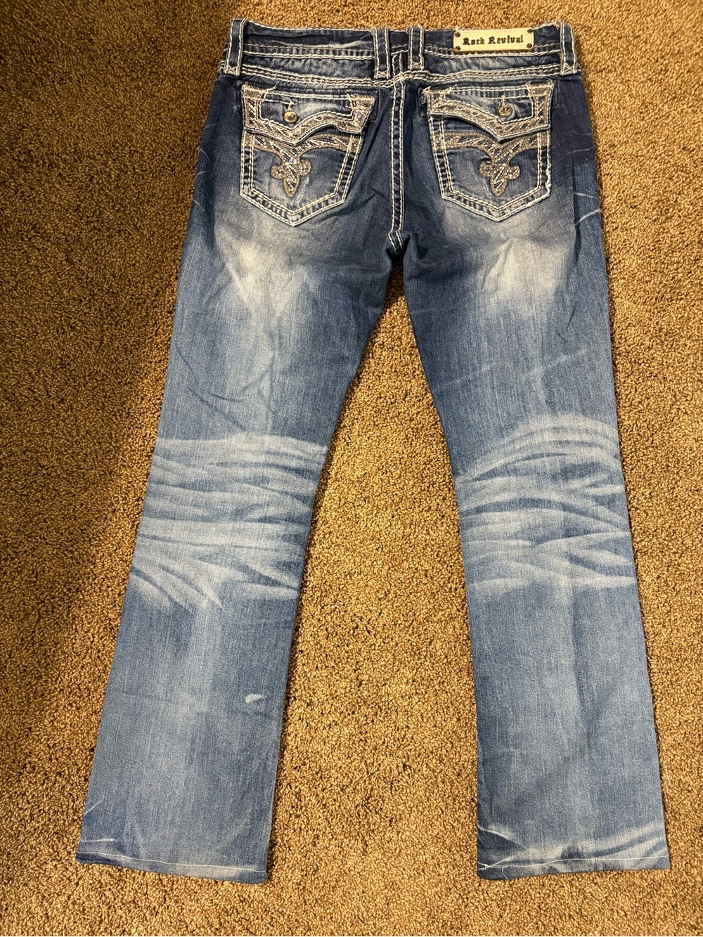 Size 31 Women Rock Revival Dark/faded Blue Embellished Pocket flare leg Jeans - Picture 3 of 8